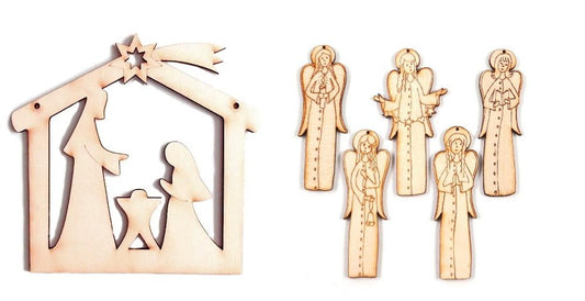 Holzfiguren Set - Betlehem mit 5 Engel - Bastelschachtel - Holzfiguren Set - Betlehem mit 5 Engel