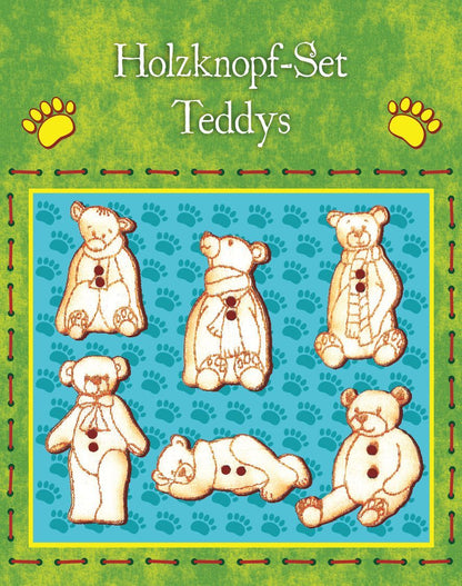 Holzknopf Set - Teddys, 12 Stück pro Set - Bastelschachtel - Holzknopf Set - Teddys, 12 Stück pro Set