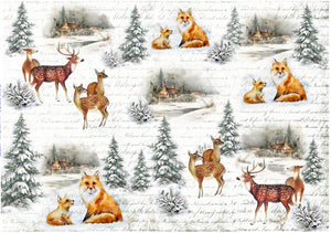 Reispapier 32x45cm - Animals in the winter forest - Bastelschachtel - Reispapier 32x45cm - Animals in the winter forest