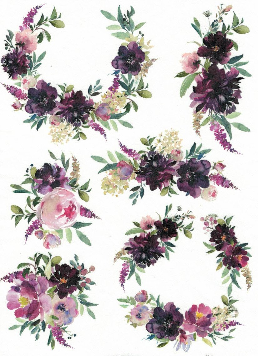 Reispapier A4 - Bordeaux flowers - Bastelschachtel