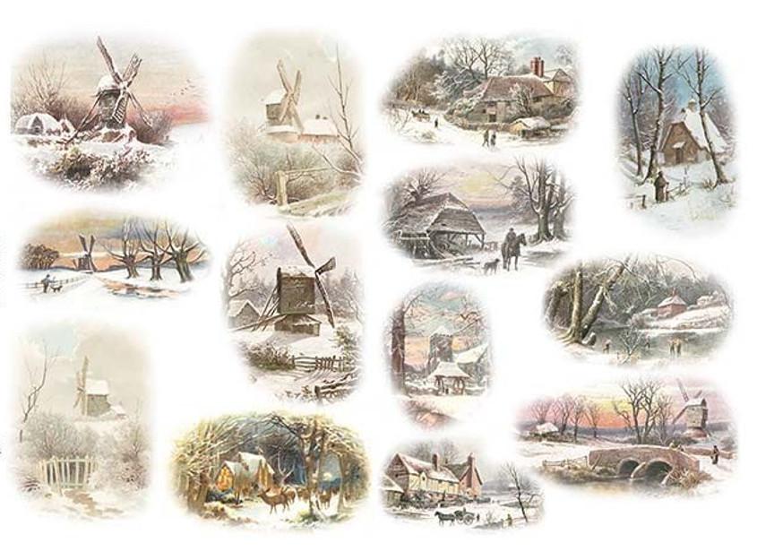 Reispapier A4 - Winterlandschaft mit Mühle - Bastelschachtel