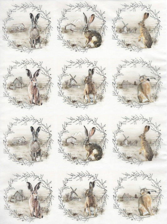 Reispapier A4 - Wild rabbits with landscape - Bastelschachtel - Reispapier A4 - Wild rabbits with landscape