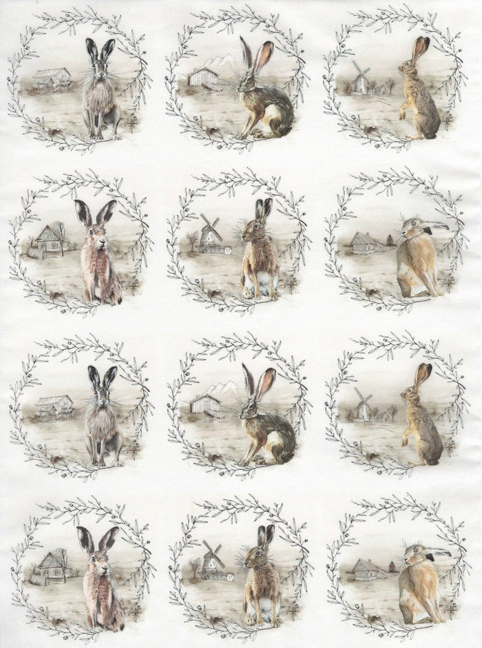 Reispapier A4 - Wild rabbits with landscape