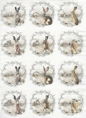 Reispapier A3 - Wild rabbits with landscape - Bastelschachtel - Reispapier A3 - Wild rabbits with landscape