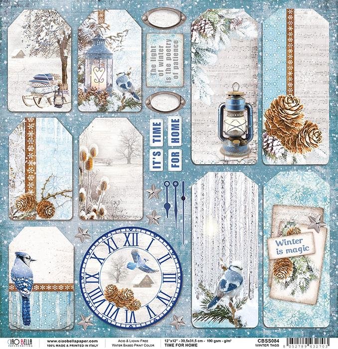 Scrapbook Papier 30,5x30,5cm - Time for home winter tags - Bastelschachtel - Scrapbook Papier 30,5x30,5cm - Time for home winter tags