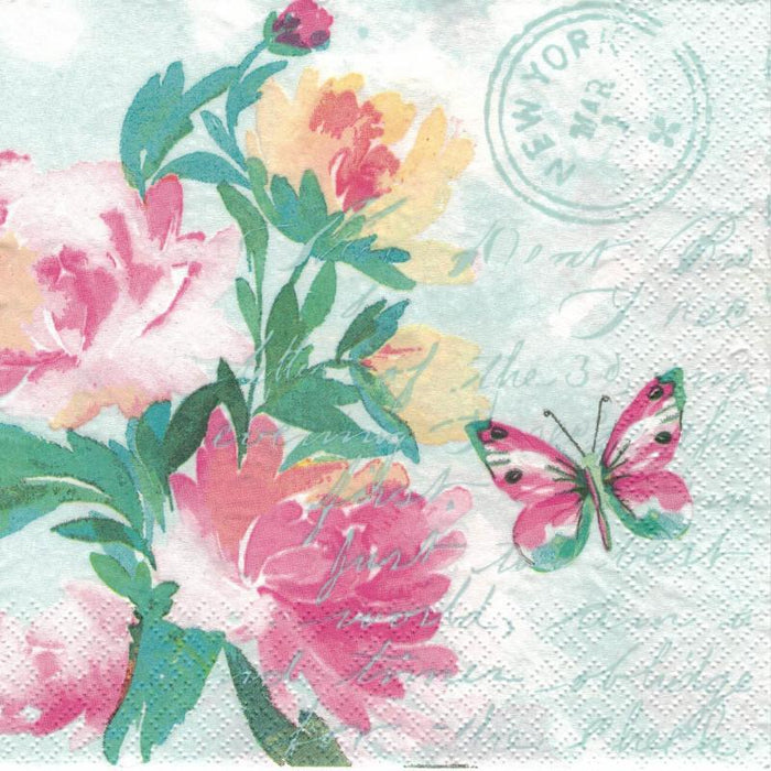 Serviette - Pink watercolour flowers with butterfly