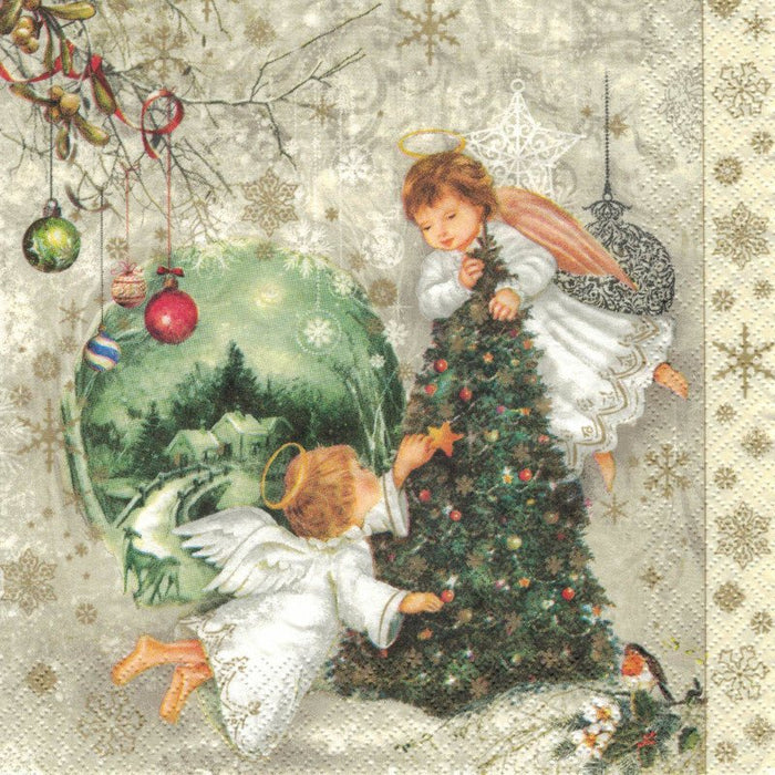 Serviette - Two angels and christmas tree